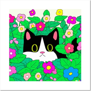 Cute Cartoon Tuxedo Cat Hiding in Flower Bed Posters and Art